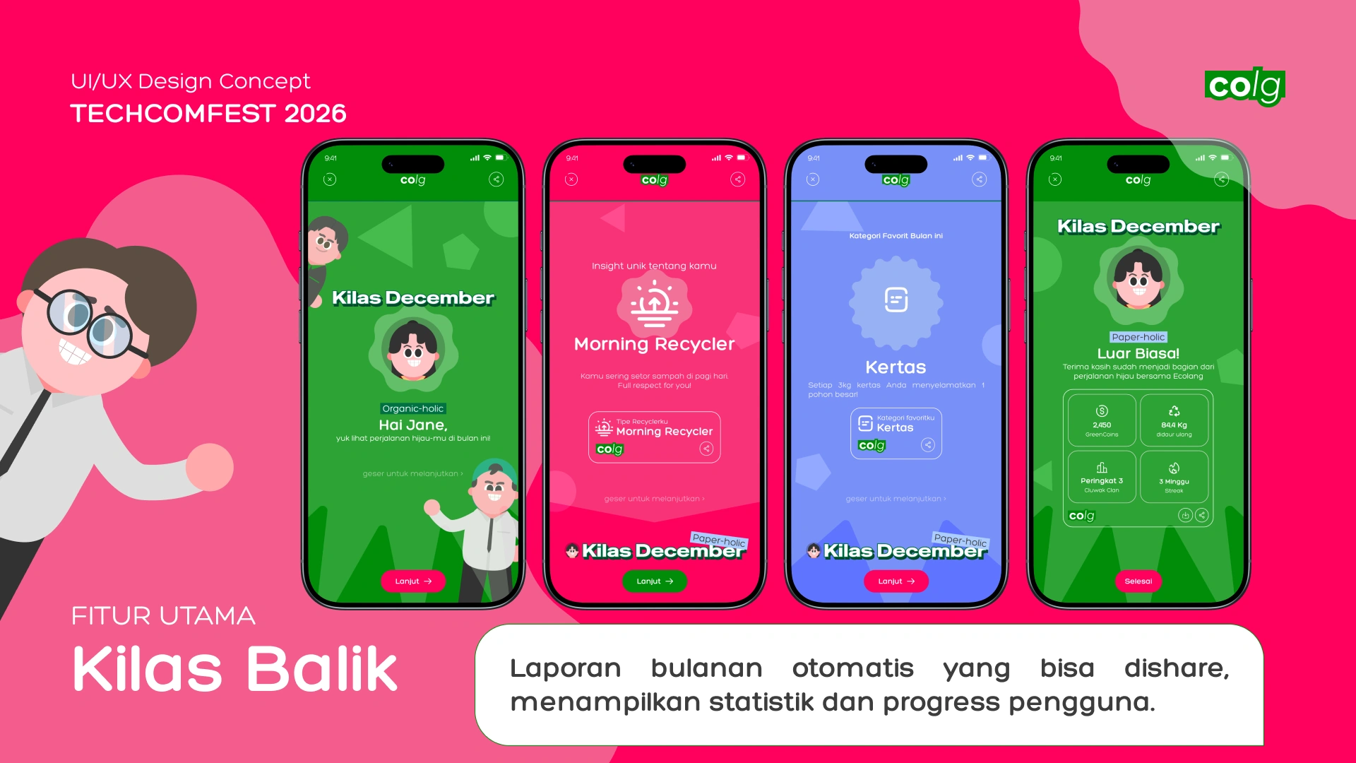 Kilas Balik monthly report screens showing user recycling stats and achievements